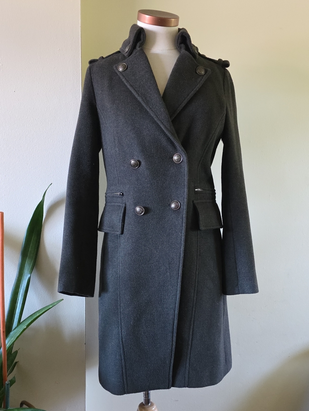 Forever 21 Women's Dark Gray Double-Breasted Wool-Blend Pea Coat - M